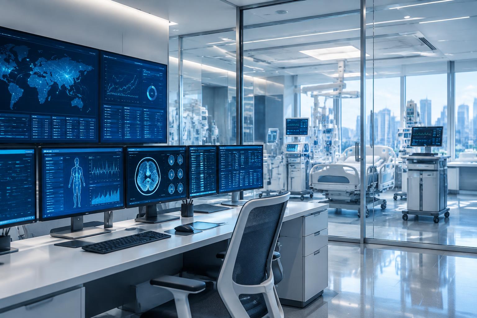 Bright healthcare technology command center monitoring protected clinical systems
