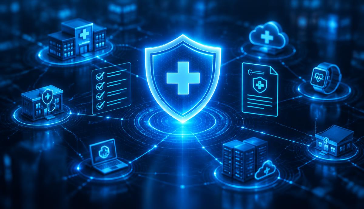 Glowing compliance shield protecting a network of connected healthcare systems