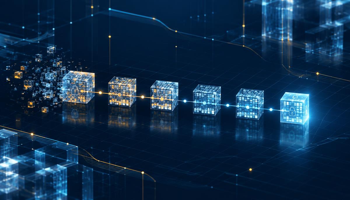 Encrypted healthcare data blocks moving through a protected recovery workflow